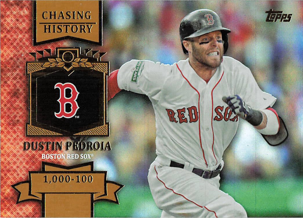 2013 Topps Chasing History Dustin Pedroia #CH-75 baseball trading card: 2013 Topps Chasing History card featuring Dustin Pedroia of the Boston Red Sox, card #CH-75. The front and back both identify Pedroia and the Chasing History theme, with the back noting his Red Sox