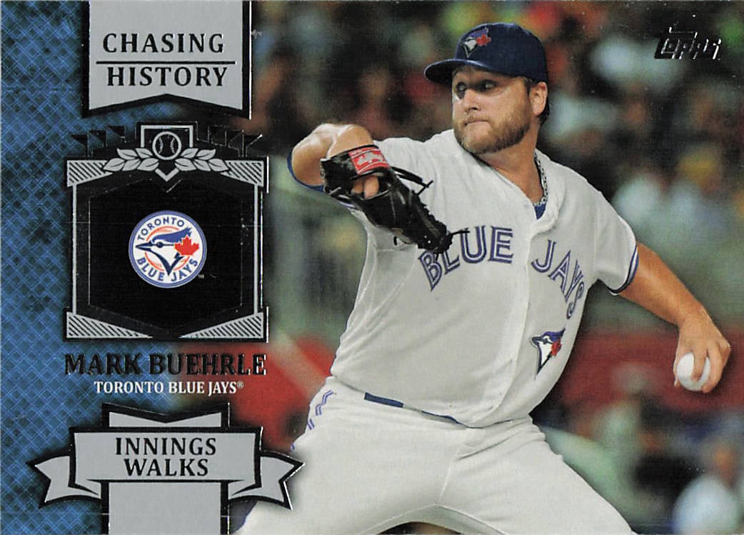 2013 Topps Chasing History Mark Buehrle #CH-44: This 2013 Topps Chasing History card features Mark Buehrle of the Toronto Blue Jays and is numbered CH-44. The front and back both identify Buehrle and the Chasing History insert theme, with the