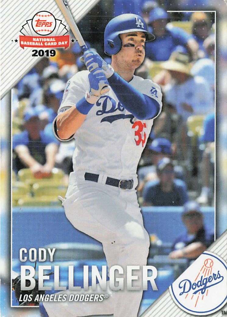 2019 Topps baseball trading card featuring Cody Bellinger: 2019 Topps National Baseball Card Day Cody Bellinger #LAD-2 is a base trading card featuring Cody Bellinger as a member of the Los Angeles Dodgers. Issued for Topps' annual National Baseball Card Day 