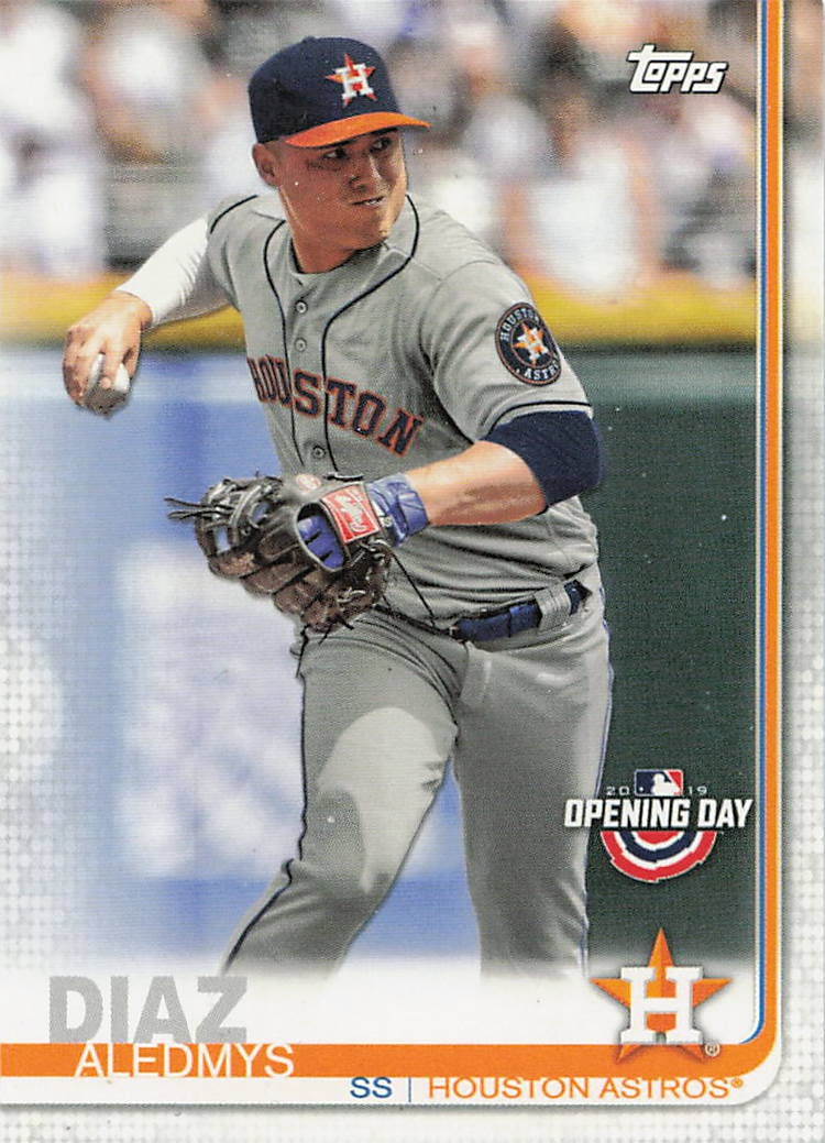 2019 Topps Opening Day Aledmys Diaz #156 baseball trading card: This is a 2019 Topps baseball card The front shows Aledmys Diaz of the Houston Astros from 2019 Topps Opening Day
