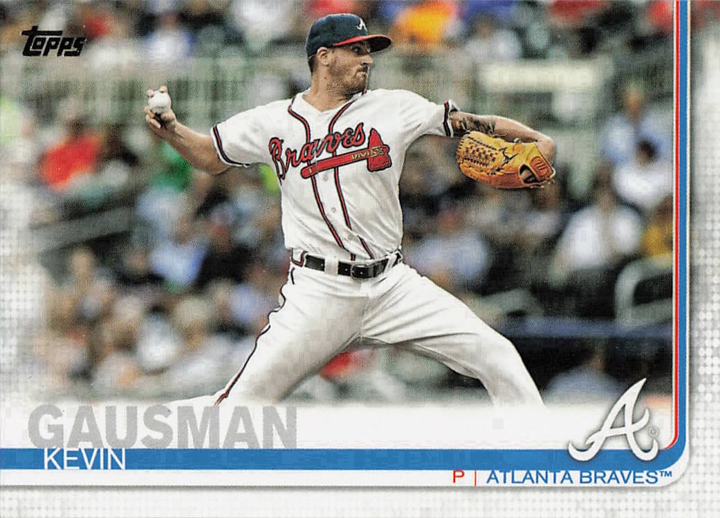 2019 Topps Series 1 Kevin Gausman #317: 2019 Topps Series 1 Kevin Gausman card #317 featuring the Atlanta Braves pitcher. The front shows Kevin Gausman in a Braves uniform, and the back identifies him as Kevin Gausman, Atlanta Braves, card
