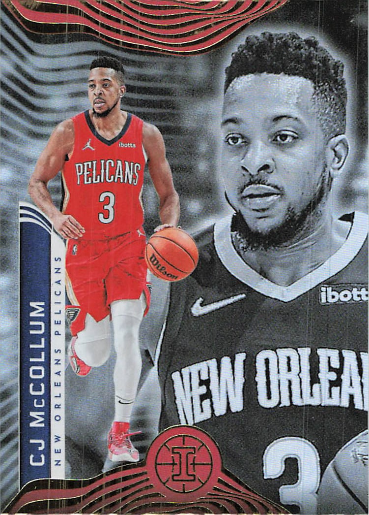 2021-22 Panini Illusions #82 CJ McCollum New Orleans Pelicans basketball trading card: 2021 Panini Illusions Basketball CJ McCollum #82 is a base trading card featuring CJ McCollum as a member of the New Orleans Pelicans. Illusions Basketball is a modern Panini NBA release known for