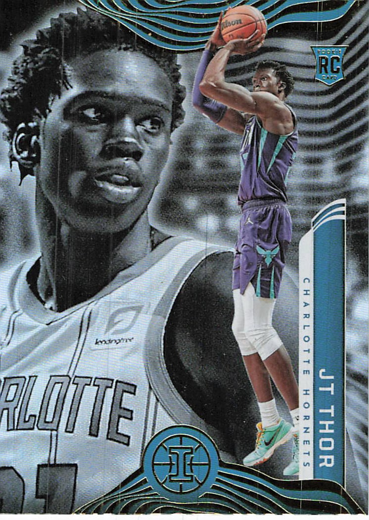 2021-22 Panini Illusions JT Thor Rookie Card (#185): 2021 Panini Illusions Basketball JT Thor #185 is a rookie trading card featuring JT Thor as a member of the Charlotte Hornets. Illusions Basketball is known for its layered, modern design, and this