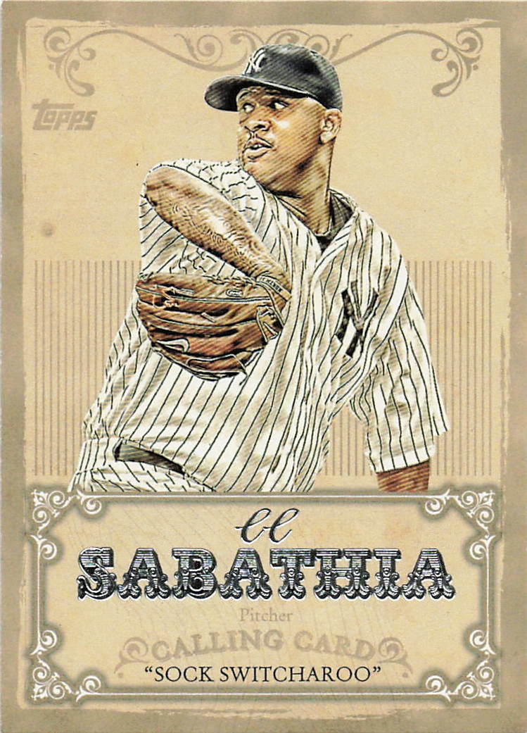 2013 Topps Calling Card insert card (#CC-8) featuring former New York Yankees pitcher CC Sabathia: This presumed 2013 Topps Archives Calling Card insert features CC Sabathia. The available front identifies him as a pitcher and shows the quoted text "Sock Switcharoo." No back image was available,