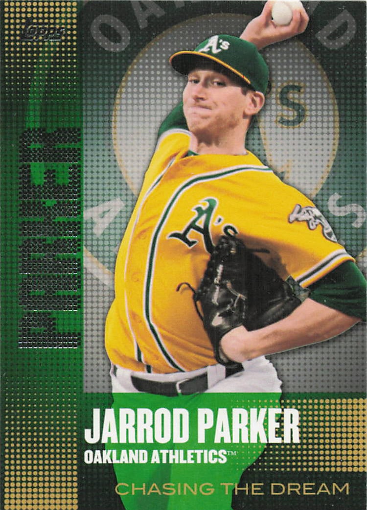 2013 Topps Chasing the Dream Jarrod Parker #CD-21: 2013 Topps Chasing the Dream Jarrod Parker #CD-21 is an insert trading card featuring Jarrod Parker during his tenure with the Oakland Athletics. The Chasing the Dream insert series highlights major l