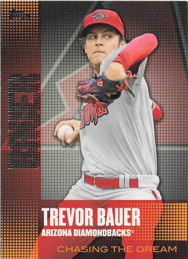2013 Topps Chasing the Dream Trevor Bauer #CD-4: 2013 Topps Chasing the Dream Trevor Bauer #CD-4 is an insert trading card featuring Trevor Bauer during his tenure with the Arizona Diamondbacks. The Chasing the Dream insert series highlights