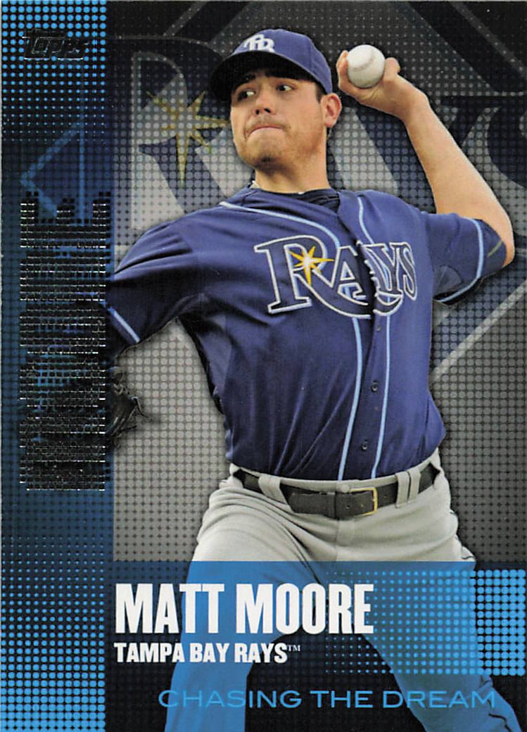 2014 Topps Chasing the Dream Matt Moore #CD-5: 2014 Topps Chasing the Dream card featuring Matt Moore of the Tampa Bay Rays, card number CD-5. The front identifies Matt Moore and the Rays, while the back lists him as a Tampa Bay Rays pitcher and