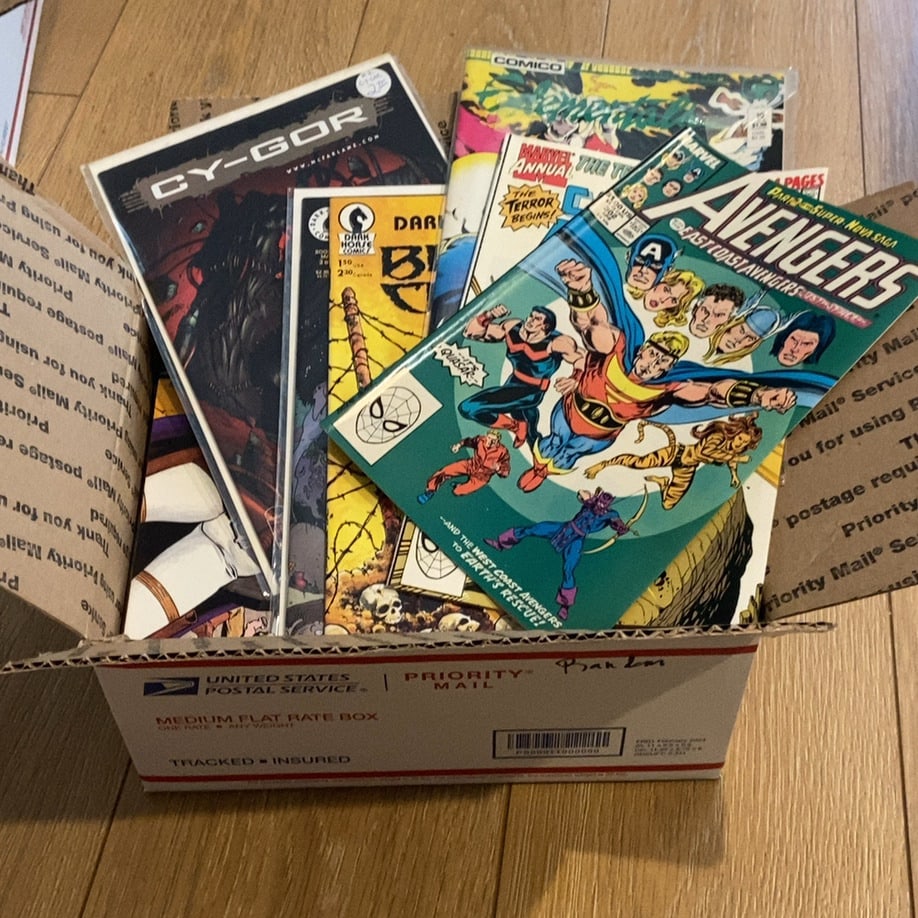 Comic Book Assortment Box - Shipping included: Medium Priority Mail box containing a collection of vintage comic books including. Box Unsorted. Some are bagged and boarded. Comics are from a close-out comic book store. Shipping included