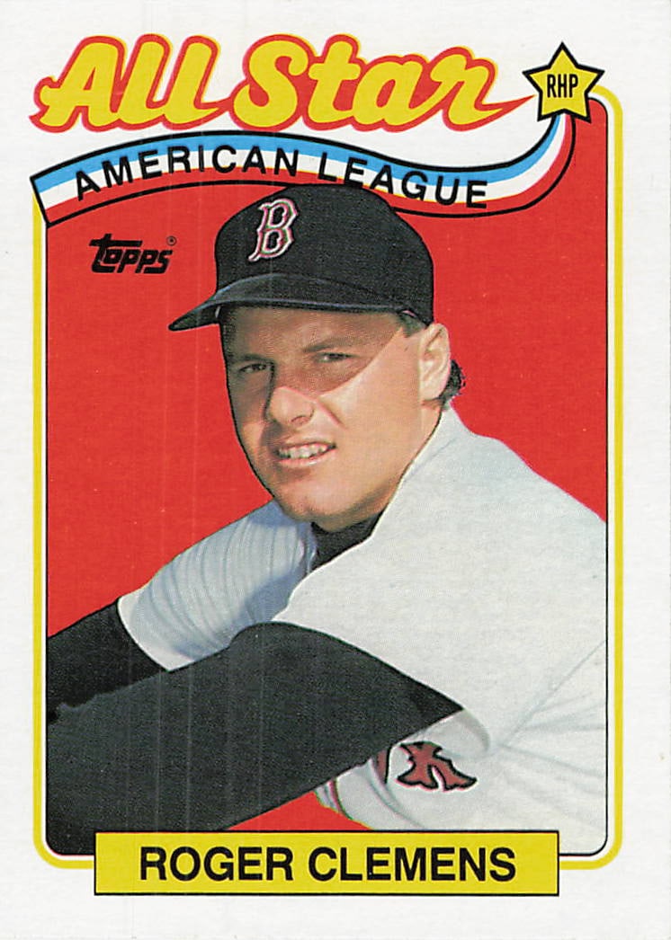 1989 Topps #405 Roger Clemens All-Star baseball card: This is a 1989 Topps All-Star baseball card featuring Roger Clemens, one of the standout pitchers of his generation. The card highlights Clemens as an American League All-Star and features the