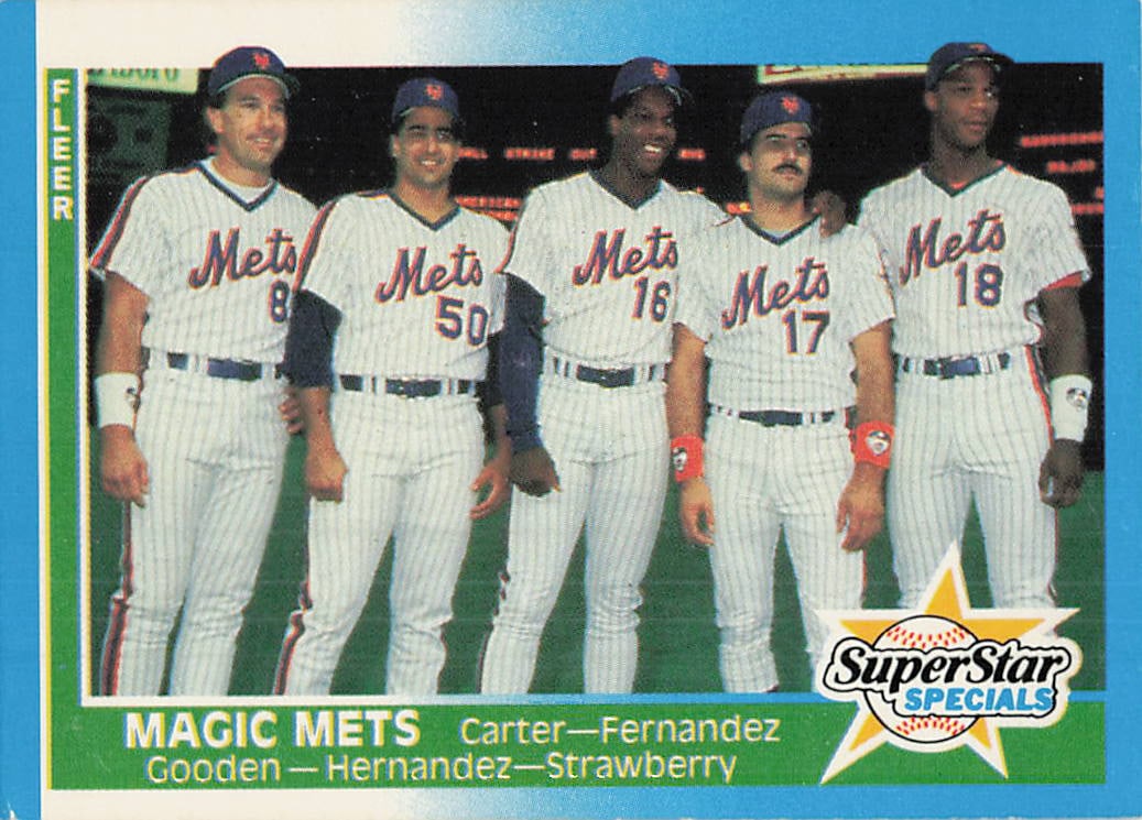 1987 Fleer #629 "Magic Mets" SuperStar Specials baseball card: This is a 1987 Fleer baseball card featuring the “Magic Mets” SuperStar Specials, highlighting Gary Carter, Sid Fernandez, Dwight Gooden, Keith Hernandez, and Darryl Strawberry. The card