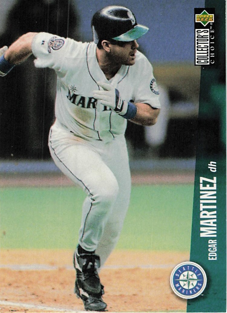 1996 Collector's Choice Edgar Martinez #725 baseball card: This is a 1996 Collector's Choice baseball card featuring Edgar Martinez of the Seattle Mariners. The card highlights Martinez, one of the era’s premier designated hitters, and features the