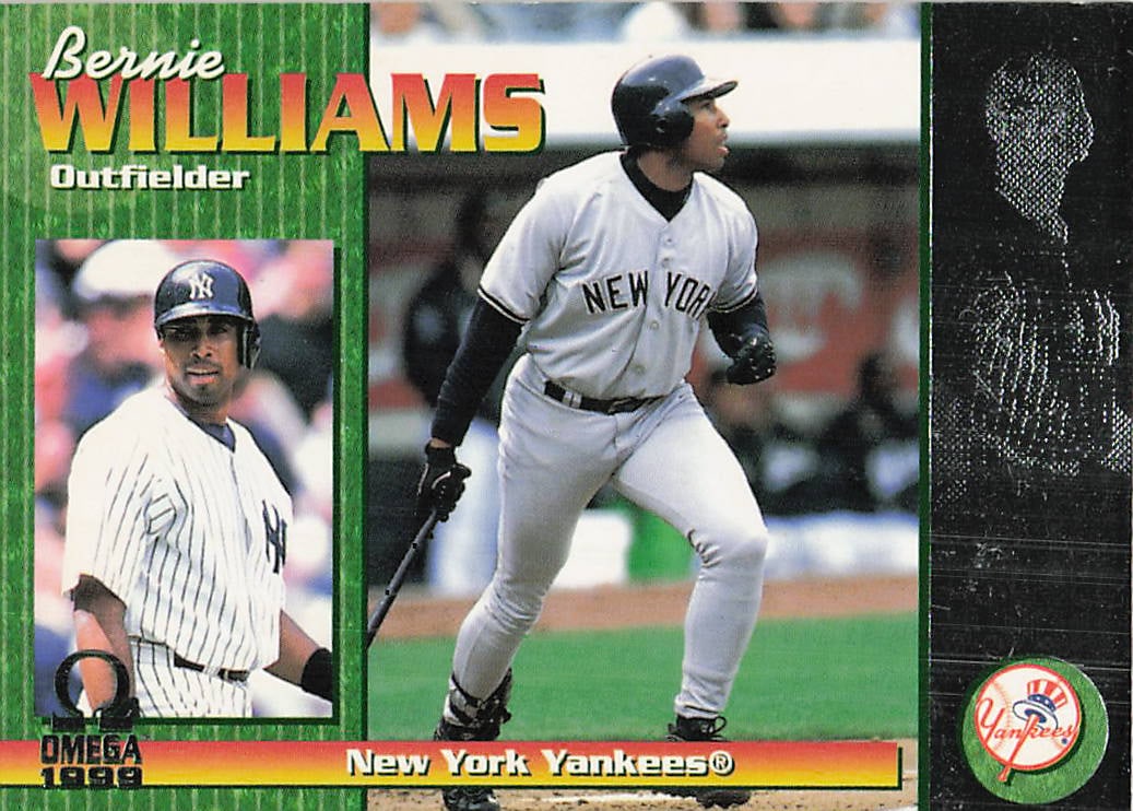 1999 Pacific Omega Bernie Williams #167 baseball trading card: This is a 1999 Pacific Omega baseball trading card featuring Bernie Williams of the New York Yankees. The card highlights Williams, a key Yankees outfielder and accomplished hitter, and features the