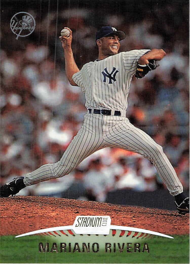 1999 Stadium Club Mariano Rivera #75 baseball card: This is a 1999 Stadium Club baseball card featuring Mariano Rivera of the New York Yankees. The card highlights Rivera, one of baseball’s greatest relief pitchers, and features the premium photo