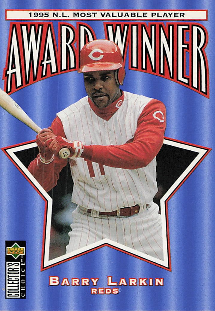 1996 Collector's Choice #707 Barry Larkin "Award Winner" baseball trading card: This is a 1996 Collector's Choice Award Winner baseball trading card featuring Barry Larkin of the Cincinnati Reds. The card celebrates Larkin’s accomplishments as one of the premier shortstops
