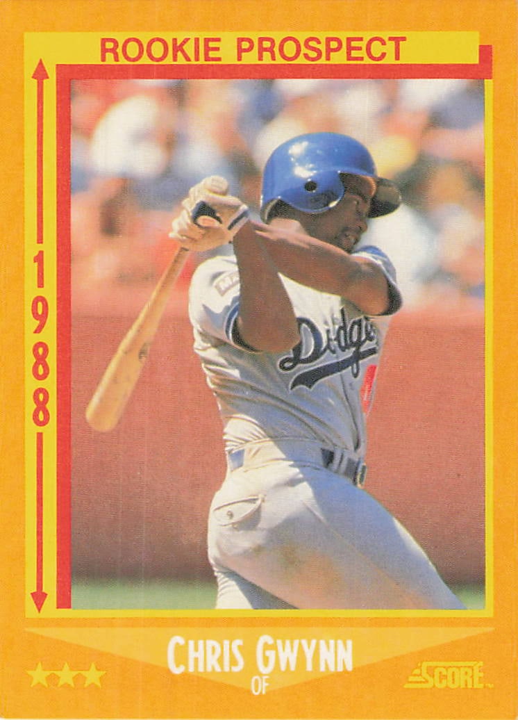 1988 Score Chris Gwynn Rookie Prospect Card #640: This is a 1988 Score Rookie Prospect baseball card featuring Chris Gwynn. The card highlights Gwynn as a promising young player and features the classic 1988 Score design from the late 1980s baseball