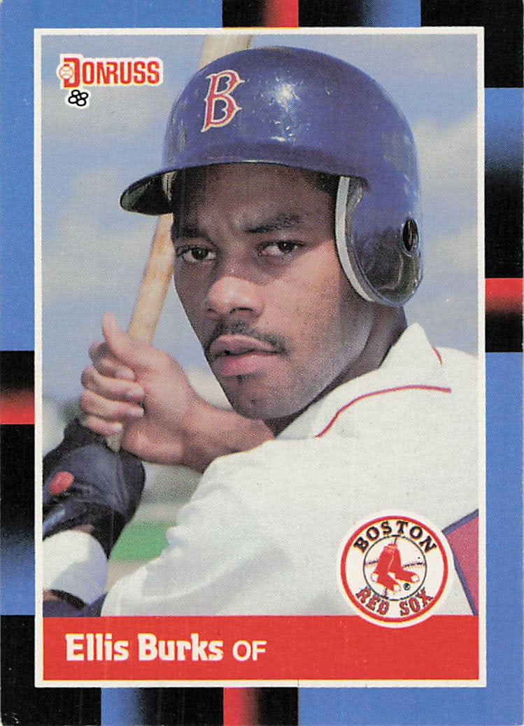 1988 Donruss #174 Ellis Burks rookie baseball card: This is a 1988 Donruss rookie baseball card featuring Ellis Burks of the Boston Red Sox. The card highlights Burks during the early stages of his MLB career and features the classic 1988 Donruss