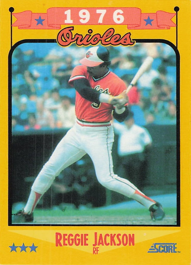 1988 Score #501 "Salute to Reggie Jackson": This is a 1988 Score “Salute to Reggie Jackson” insert baseball card featuring Hall of Fame outfielder Reggie Jackson. The card celebrates Jackson’s legendary MLB career and features