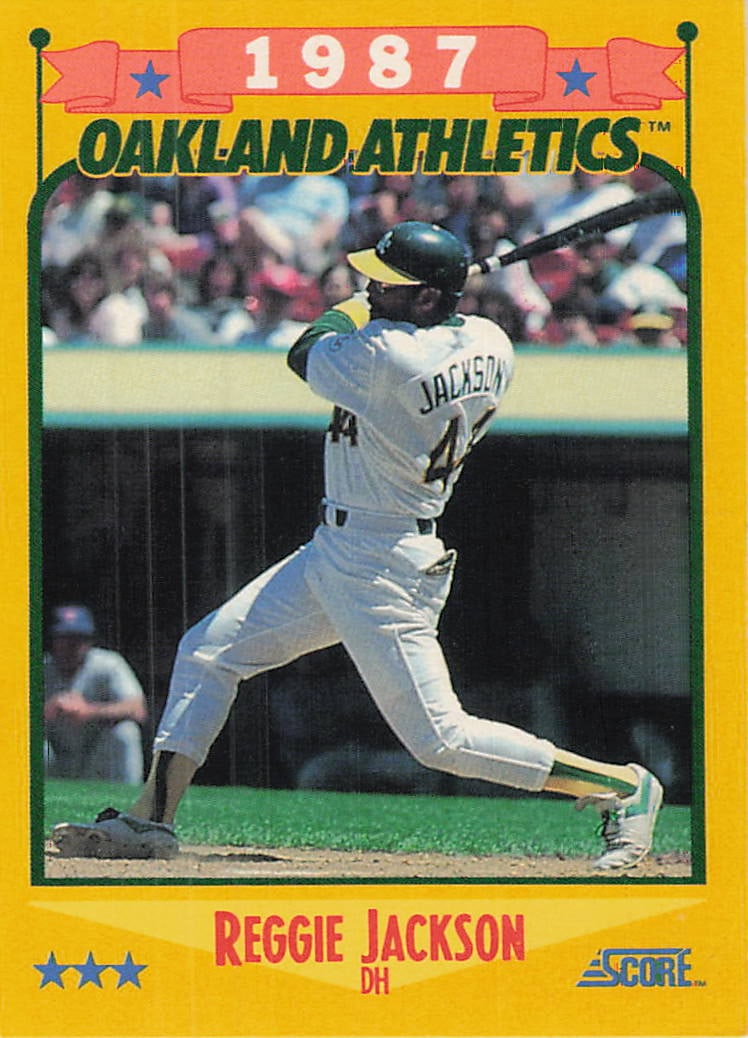 1988 Score #504 Reggie Jackson baseball trading card: This is a 1988 Score baseball trading card featuring Hall of Fame outfielder Reggie Jackson. The card celebrates Jackson’s legendary MLB career and features the classic 1988 Score design from th