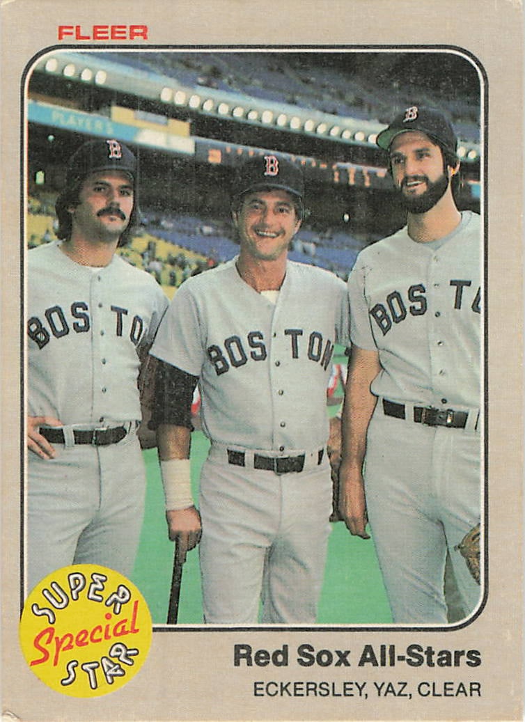 1983 Fleer #629 Red Sox All-Stars baseball card: This is a 1983 Fleer baseball card featuring the Boston Red Sox All-Stars Carl Yastrzemski, Dennis Eckersley, and Mark Clear. The card highlights three notable Red Sox players and features the