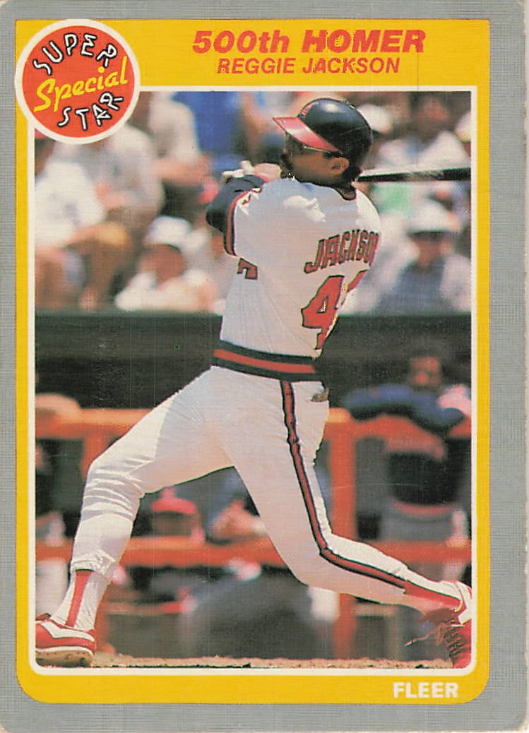 1985 Fleer #639 Reggie Jackson "500th Homer" baseball card: This is a 1985 Fleer baseball card featuring Reggie Jackson, commemorating his milestone 500th career home run. The card highlights Jackson’s legendary power-hitting career and features the clas