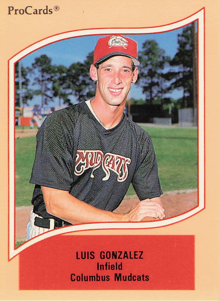 1990 ProCards (#59) baseball card featuring former Major League Baseball player Luis Gonzalez: This is a 1990 ProCards baseball card featuring Luis Gonzalez, the former Major League Baseball outfielder and designated hitter. The card highlights Gonzalez during the early stages of his profession