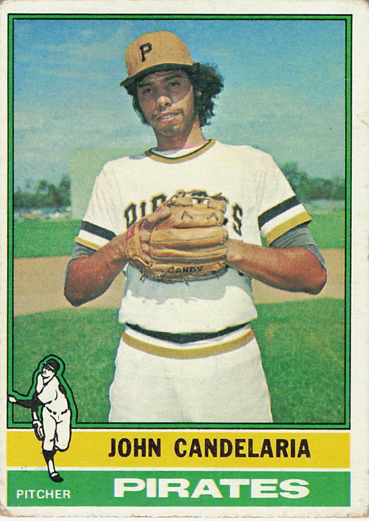 1976 Topps #317 rookie card of former Major League Baseball pitcher John Candelaria: This is a 1976 Topps rookie baseball card featuring John Candelaria, the former Major League Baseball pitcher. The card highlights Candelaria early in his professional career and features the classic