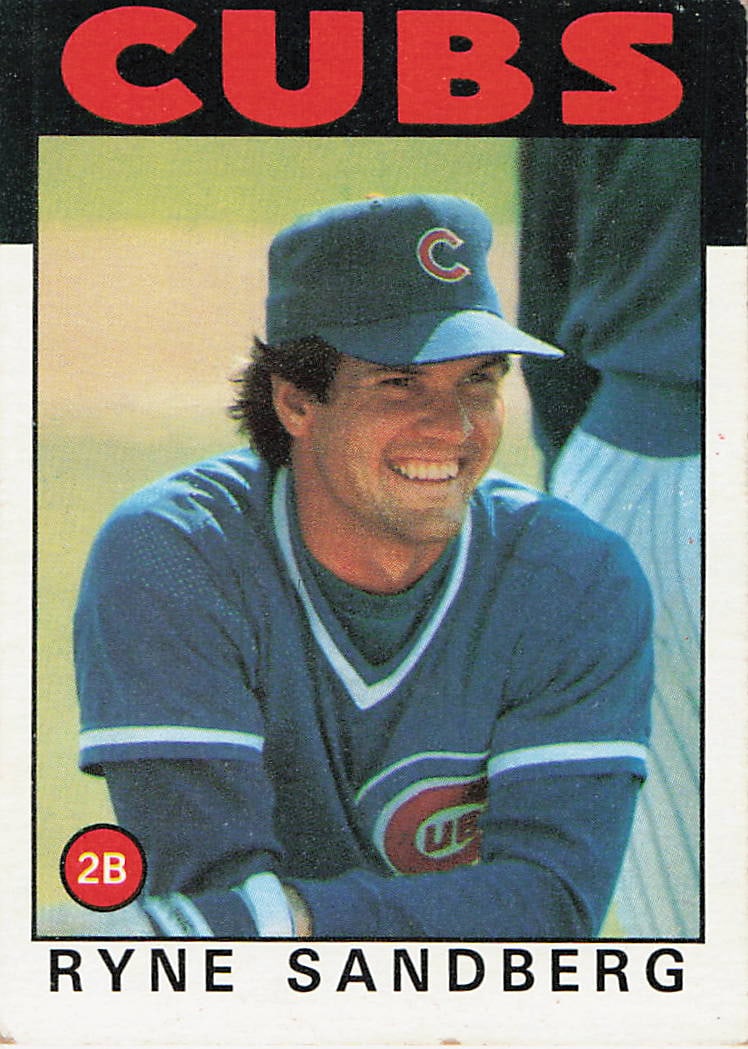 1986 Topps #690 Ryne Sandberg baseball card: This is a 1986 Topps baseball card featuring Ryne Sandberg of the Chicago Cubs. The card highlights Sandberg during his standout MLB career and features the classic 1986 Topps design from the 1980s ba