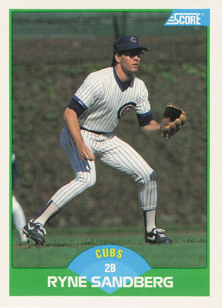 1989 Score #35 baseball card featuring Hall of Fame second baseman Ryne Sandberg: This is a 1989 Score baseball card featuring Hall of Fame second baseman Ryne Sandberg of the Chicago Cubs. The card highlights Sandberg during his standout MLB career and features the classic 1989 Sc