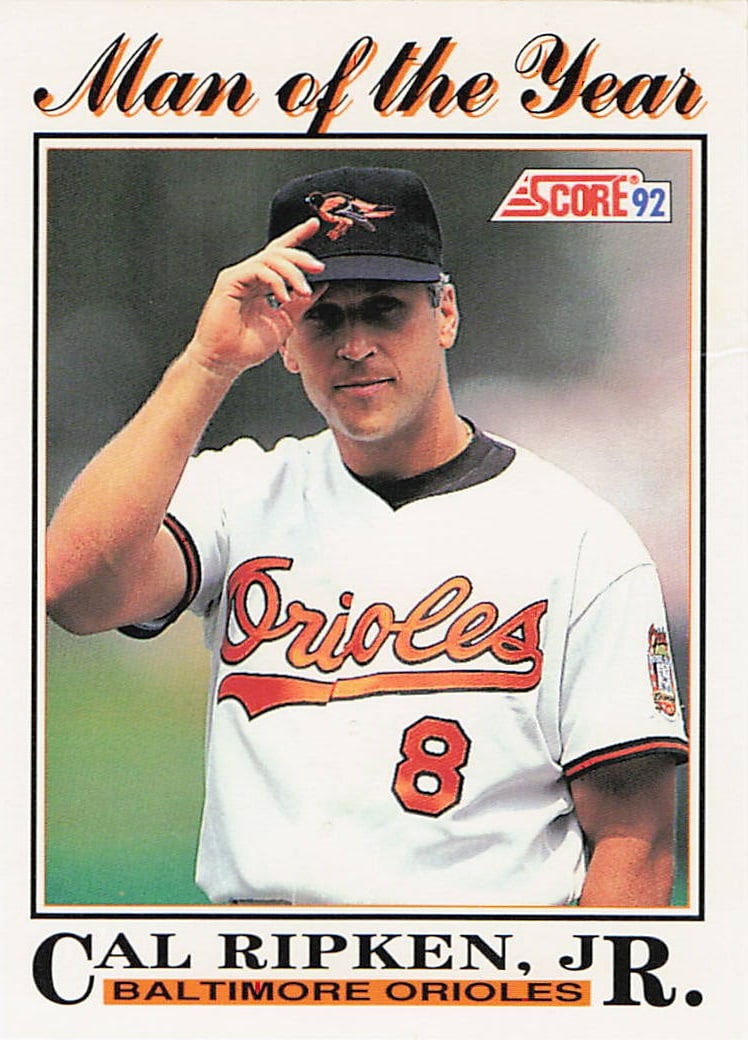 1992 Score "Man of the Year" #794 baseball card featuring Cal Ripken Jr.: This is a 1992 Score "Man of the Year" baseball card featuring Cal Ripken Jr. of the Baltimore Orioles. The card celebrates Ripken Jr. as one of baseball’s most respected stars and features the 