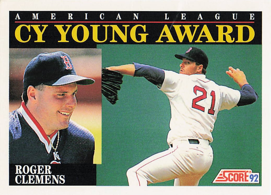 1992 Score #790 Roger Clemens Boston Red Sox American League Cy Young Award baseball card: This is a 1992 Score baseball card featuring Roger Clemens of the Boston Red Sox, recognizing his American League Cy Young Award accomplishments. The card highlights Clemens as one of the premier