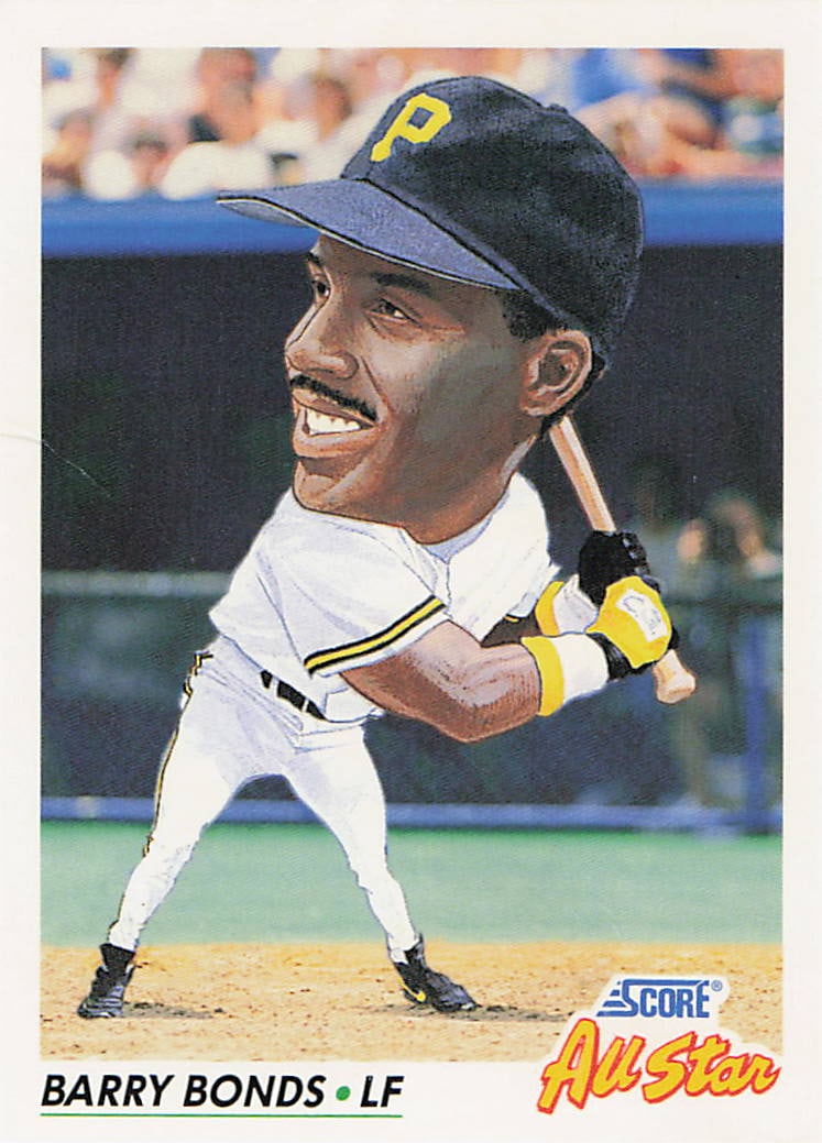 1992 Score #777 Barry Bonds All-Star baseball card: This is a 1992 Score All-Star baseball card featuring Barry Bonds of the Pittsburgh Pirates. The card celebrates Bonds as one of the National League’s standout stars and features the distinctive