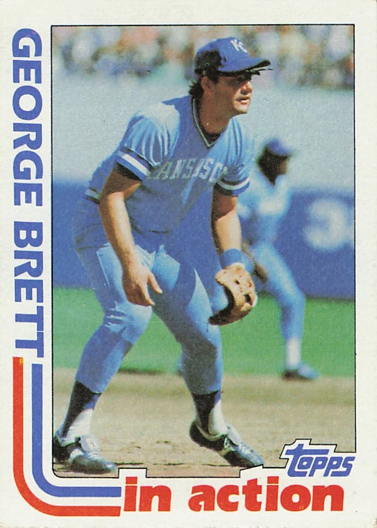 1982 Topps George Brett In Action #201 baseball card: This is a 1982 Topps "In Action" baseball card featuring George Brett of the Kansas City Royals. The card showcases the Hall of Fame third baseman during his standout MLB career and features the
