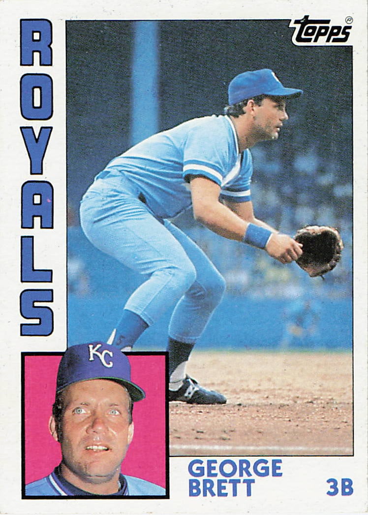1984 Topps #500 George Brett baseball card: This is a 1984 Topps baseball card featuring George Brett of the Kansas City Royals. The card highlights Brett during his celebrated MLB career and features the classic 1984 Topps design from the