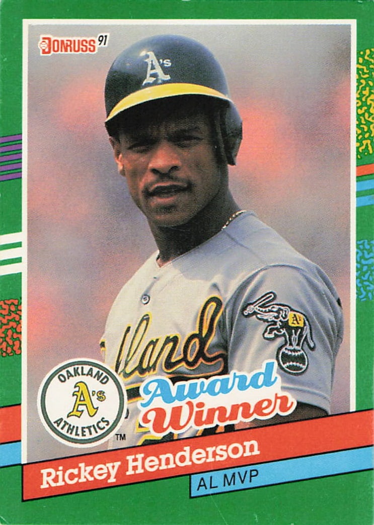 1991 Donruss #761 Rickey Henderson AL MVP baseball trading card: This is a 1991 Donruss baseball trading card featuring Rickey Henderson, celebrating his American League MVP accomplishments. The card highlights Henderson as one of baseball’s premier stars and