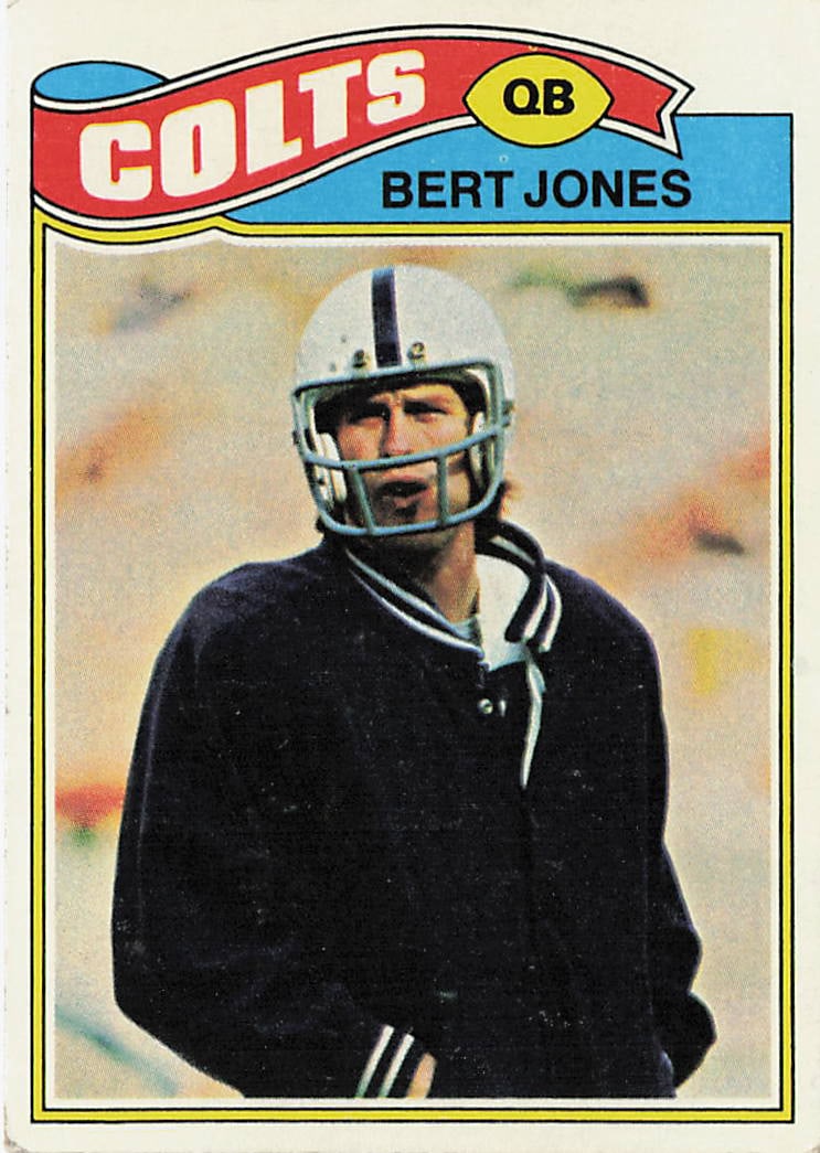 1977 Topps Bert Jones #95 football trading card: This is a 1977 Topps football trading card featuring Bert Jones, the standout quarterback of the Baltimore Colts. The card highlights Jones during his NFL career and features the classic 1977 Topps