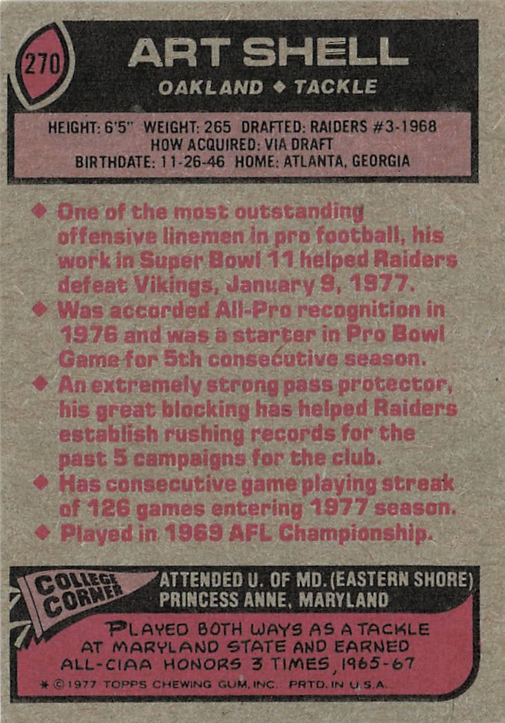 1977 Topps football trading card for Hall of Fame offensive tackle Art Shell of the Oakland Raiders - 2
