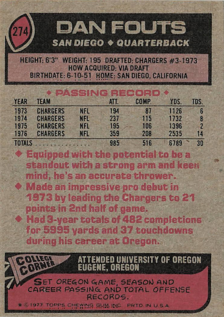 1977 Topps Dan Fouts #274 football trading card - 2