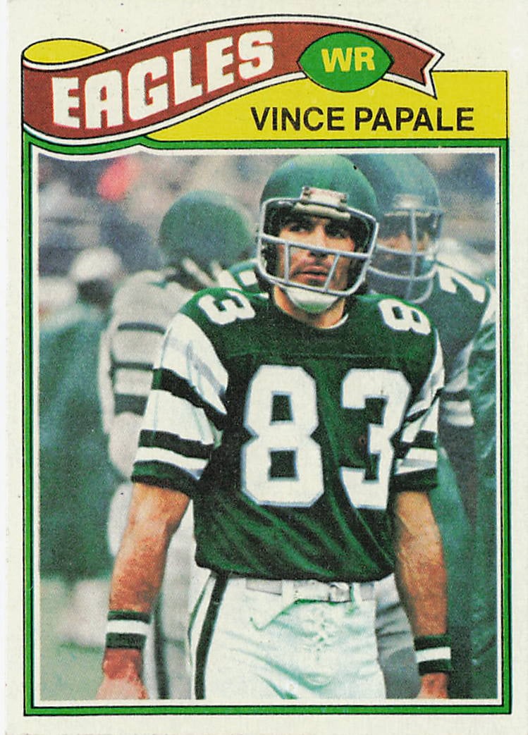 1977 Topps Vince Papale Rookie Card (#397) featuring the Philadelphia Eagles wide receiver: This is a 1977 Topps rookie football card featuring Vince Papale of the Philadelphia Eagles. The card highlights Papale during his early NFL career and features the classic 1977 Topps design from the