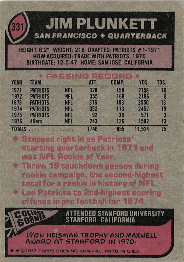 1977 Topps Jim Plunkett #331 football trading card - 2