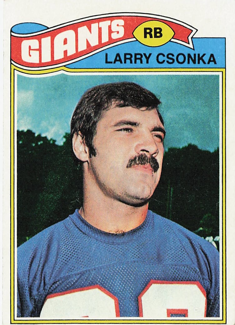 1977 Topps #505 Larry Csonka New York Giants football trading card: This is a 1977 Topps football trading card featuring Larry Csonka of the New York Giants. The card highlights the legendary fullback during his NFL career and features the classic 1977 Topps design