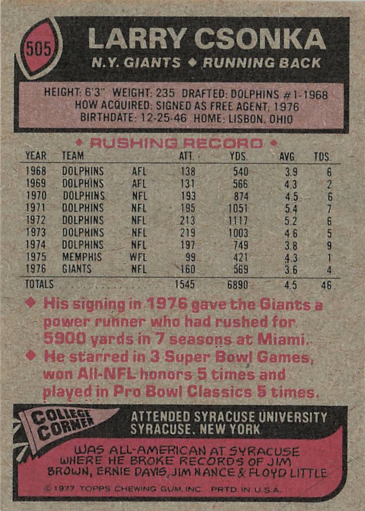 1977 Topps #505 Larry Csonka New York Giants football trading card - 2
