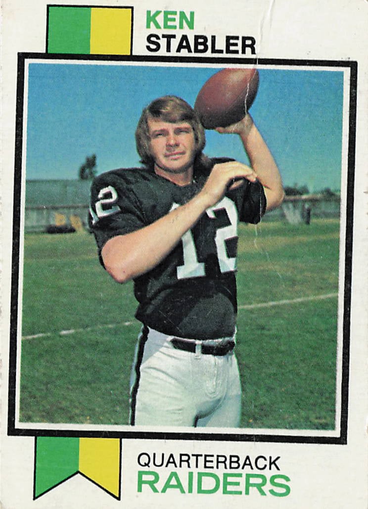 1973 Topps Football #487 Ken Stabler: This is a 1973 Topps football card featuring Ken Stabler of the Oakland Raiders. The card highlights Stabler during his early NFL career and features the classic 1973 Topps design from the 1970s