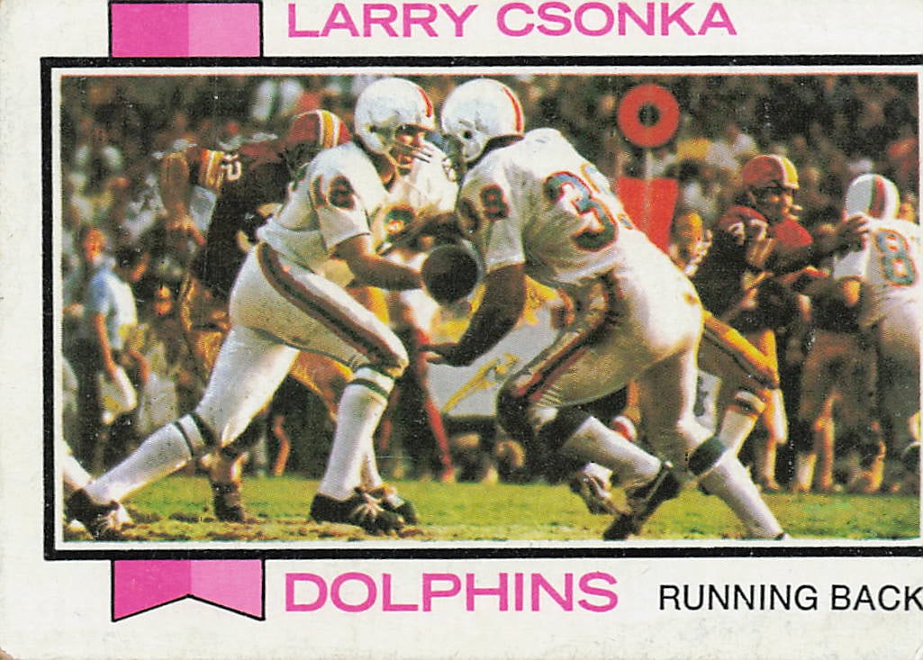 1973 Topps #100 Larry Csonka Miami Dolphins football trading card: This is a 1973 Topps football card featuring Larry Csonka of the Miami Dolphins. The card highlights the legendary fullback during his successful NFL career and features the classic 1973 Topps design