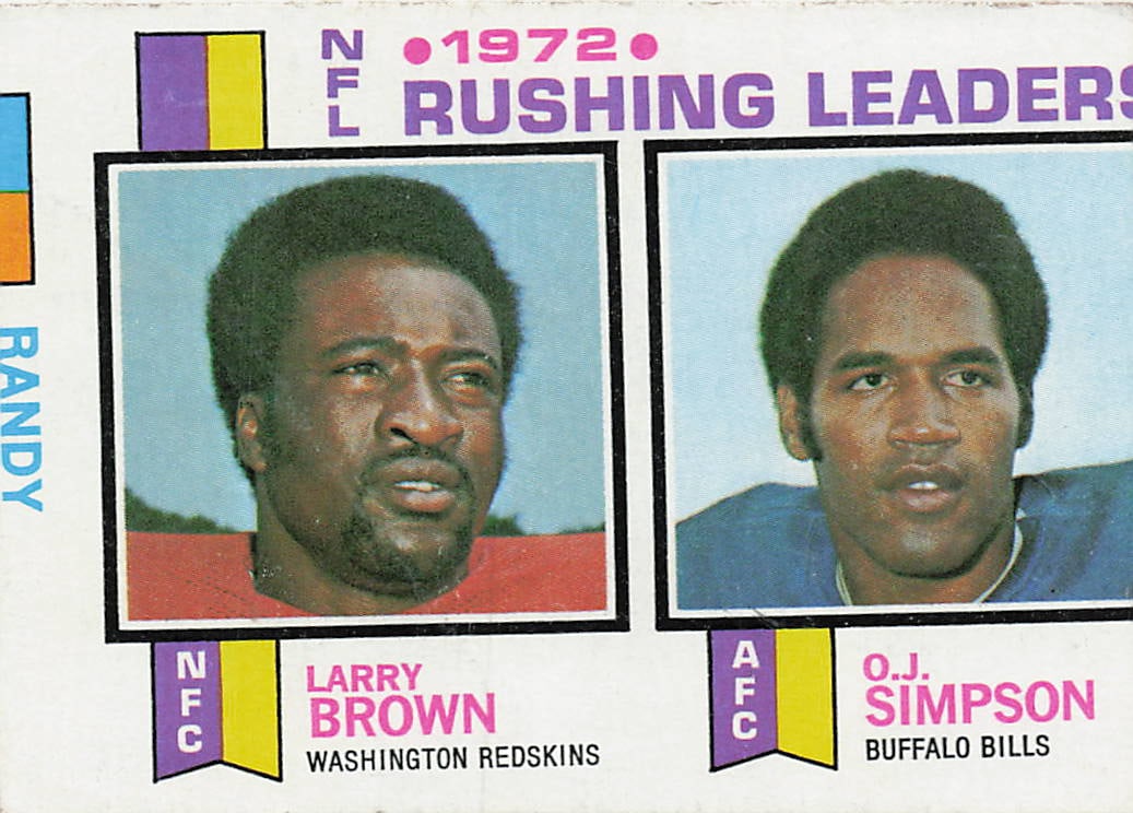 1973 Topps #1 NFL Rushing Leaders football trading card: This is a 1973 Topps NFL Rushing Leaders football trading card, featuring the league’s top rushing performers from the era. The card showcases the classic 1973 Topps design and celebrates