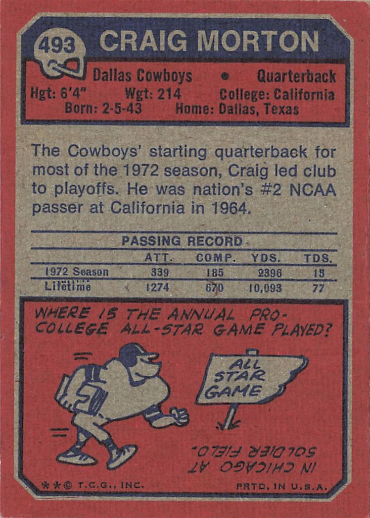 1973 Topps #493 Craig Morton vintage football trading card - 2