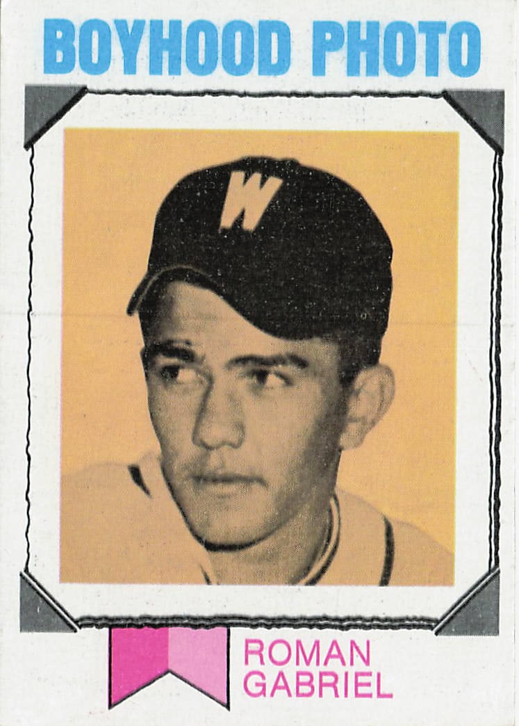 1973 Topps Roman Gabriel Boyhood Photo Card #266: This is a 1973 Topps Boyhood Photo football card featuring Roman Gabriel, the standout quarterback known for his time with the Los Angeles Rams and Philadelphia Eagles. The card showcases Gabriel in a