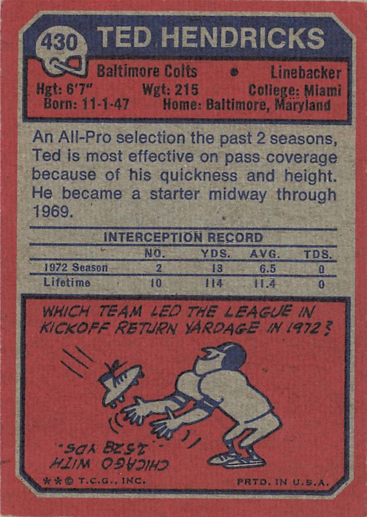 1973 Topps Ted Hendricks #430 football trading card - 2