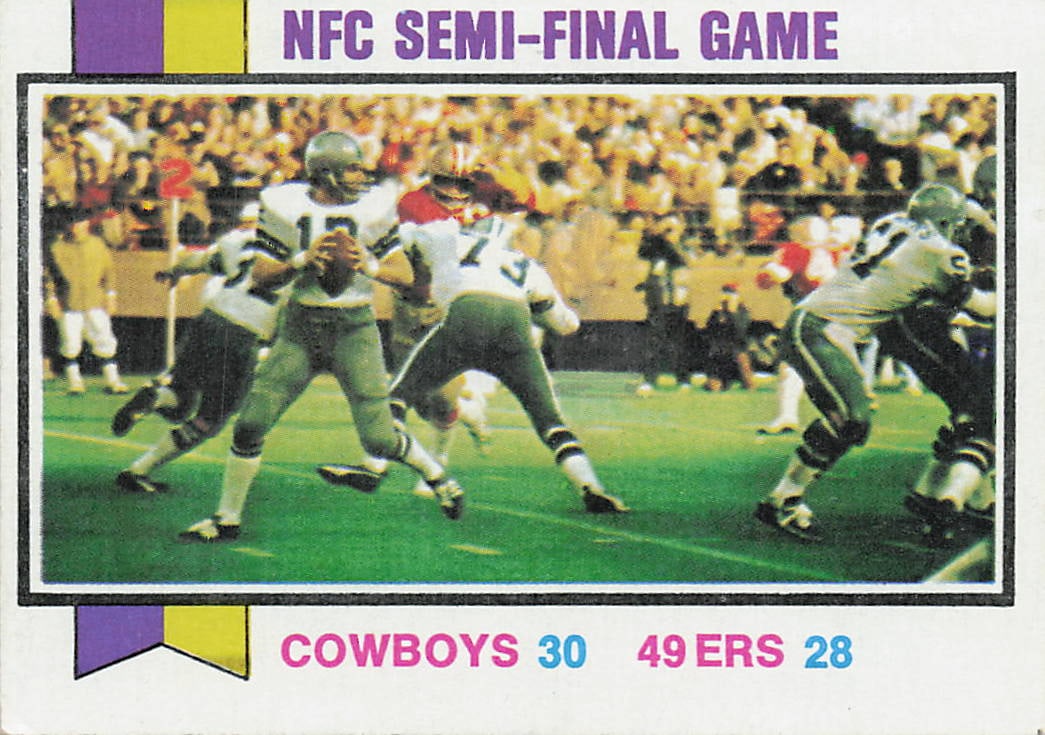 1973 Topps #133 NFC Semi-Final Game football trading card: This is a 1973 Topps football trading card featuring the NFC Semi-Final Game from the 1972 NFL postseason. The card highlights a memorable playoff matchup and features the classic 1973 Topps design