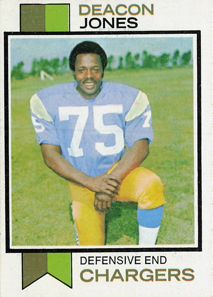 1973 Topps #38 Deacon Jones football card: This is a 1973 Topps football card featuring Deacon Jones of the San Diego Chargers. The card highlights the Hall of Fame defensive end during his NFL career and features the classic 1973 Topps
