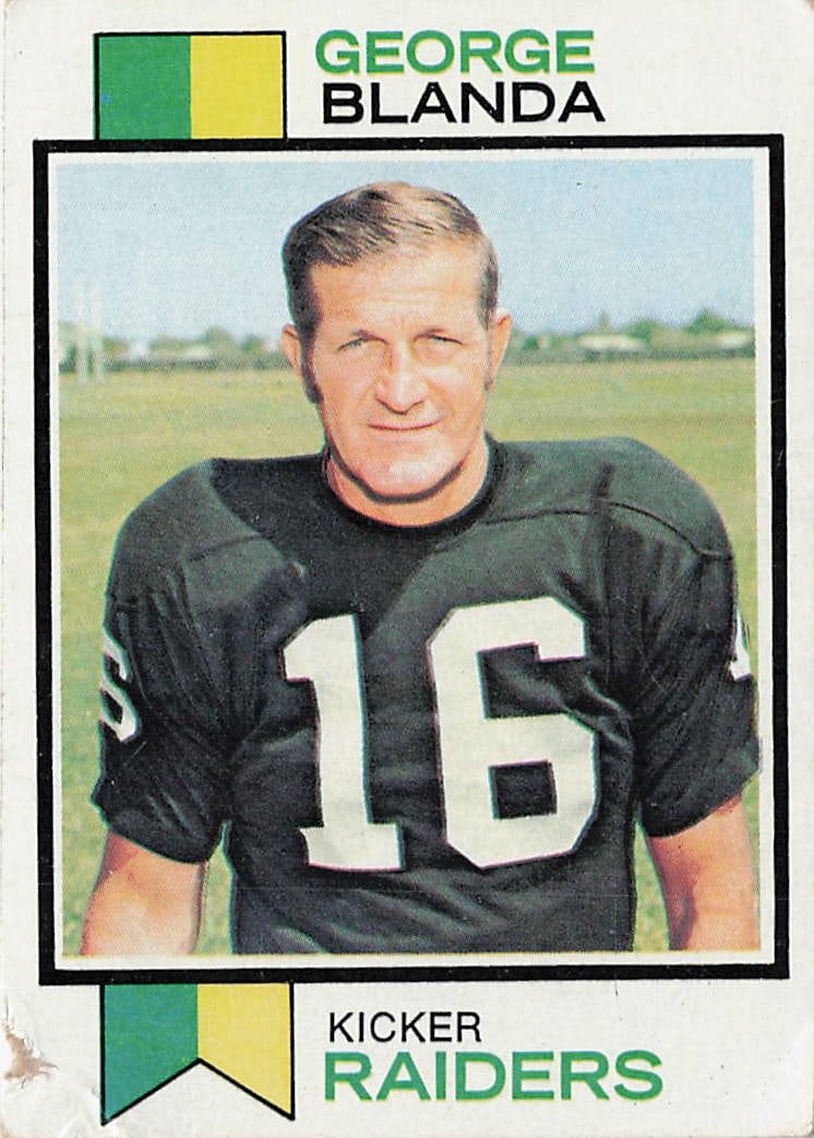 1973 Topps George Blanda #25 Oakland Raiders football trading card: This is a 1973 Topps football trading card featuring George Blanda of the Oakland Raiders. The card highlights Blanda, one of the NFL’s most accomplished quarterbacks and kickers, and features t